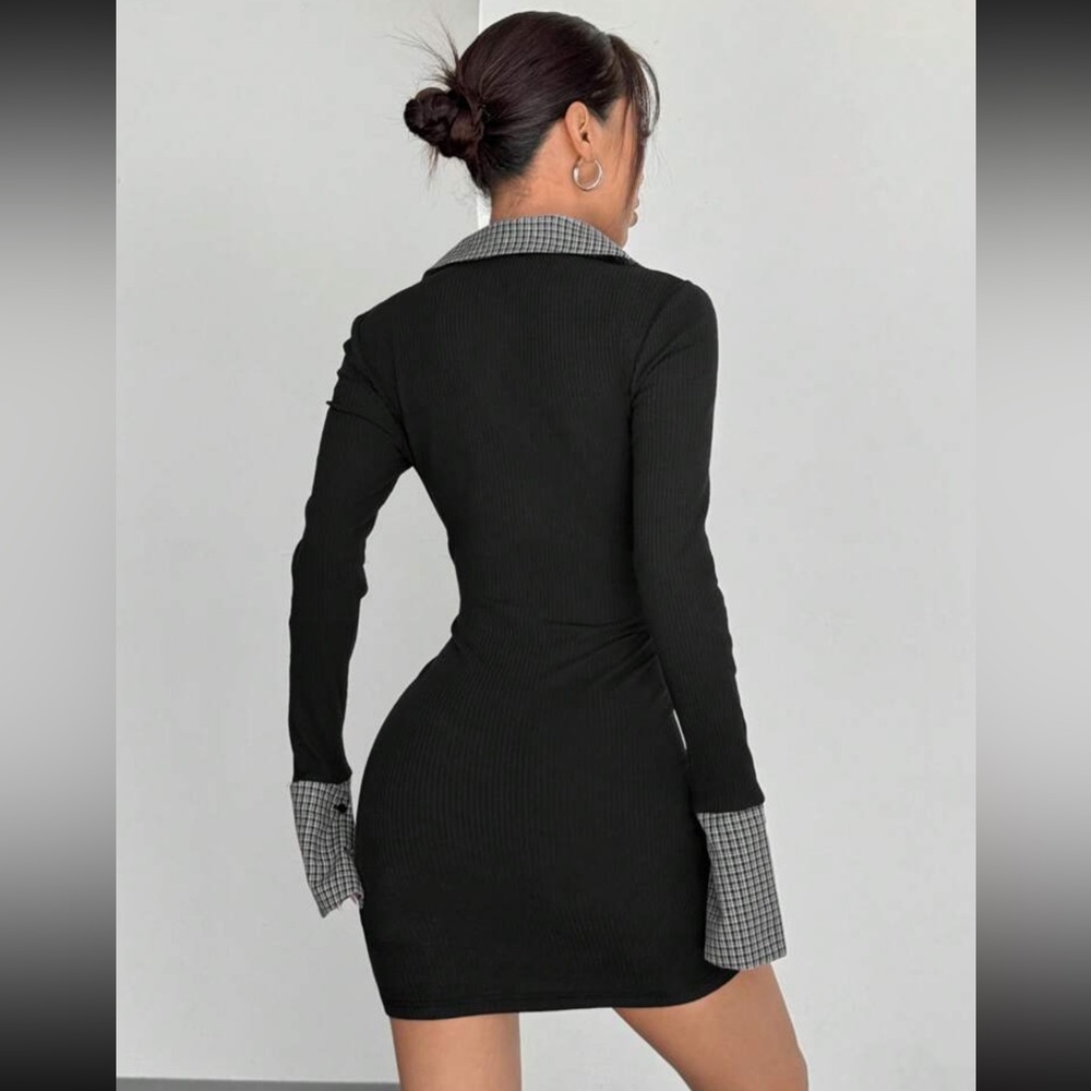 2 in 1 Black and White Plaid Patchwork Bodycon Stretchy Mini Dress - Picture 2 of 6